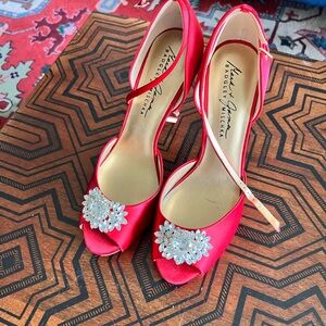 Badgley Mischka Red Satin Peep-Toe Heels
